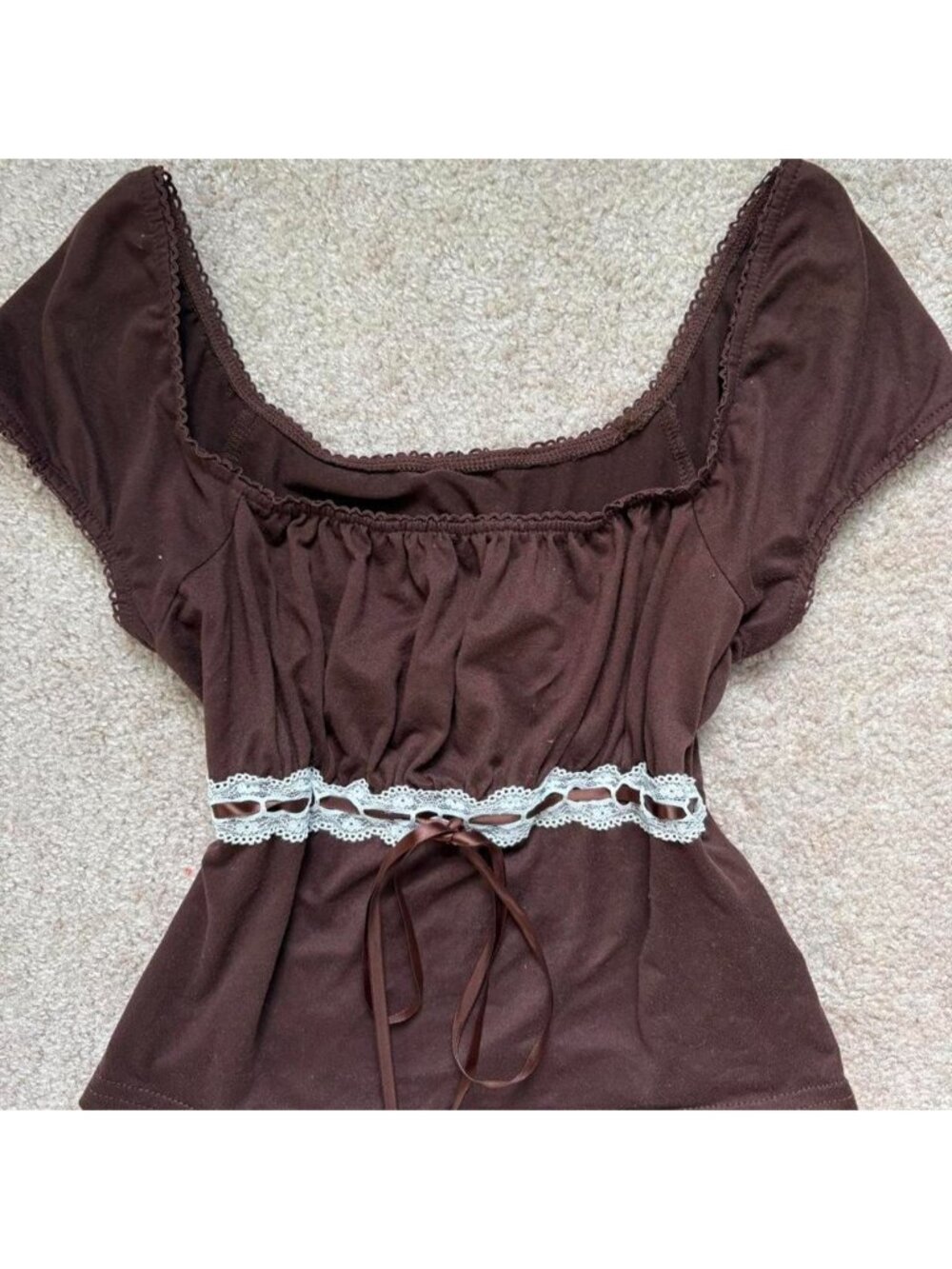 SHEIN Brown lace trim blouse with tie waist in a M #fairycore #cottagecore